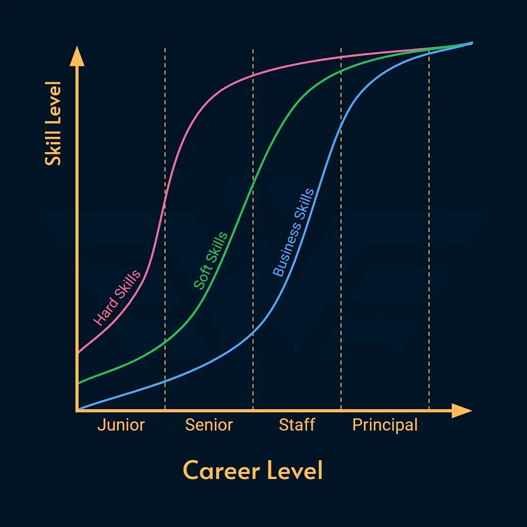 Diagram showing the mix of hard, soft, and business skills growing across career levels