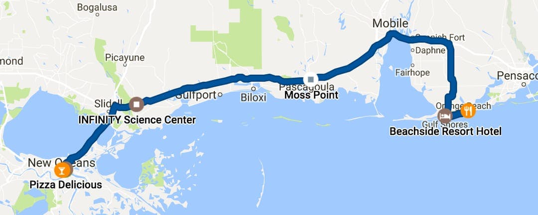 Gulf Shores to New Orleans. 198 miles.
